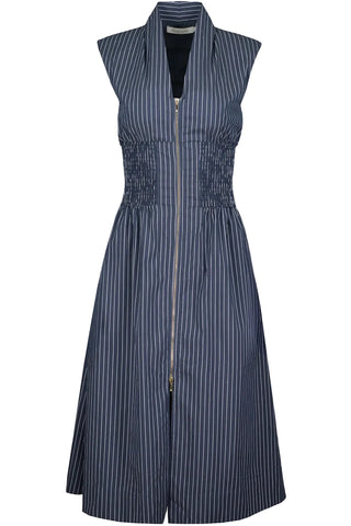 Blue pinstripe dress with a zipper on a white background