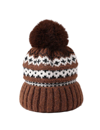 Brown knit hat with a patterned band and pom-pom on a white background