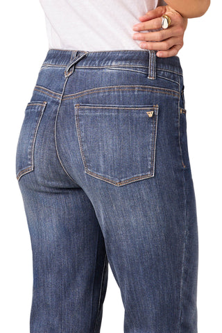 Close-up of blue jeans with a neutral background