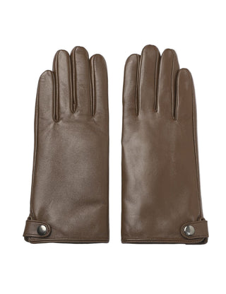 Pair of brown leather gloves with button details on a white background