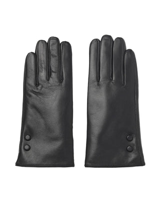 Pair of black leather gloves with buttons on a white background
