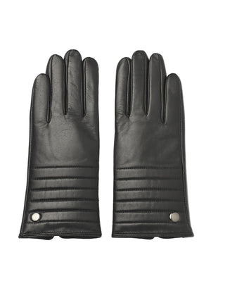 Pair of black leather gloves with quilted design on a white background