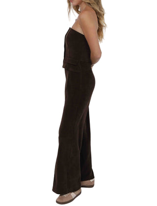 Brown strapless jumpsuit worn by a person on a white background