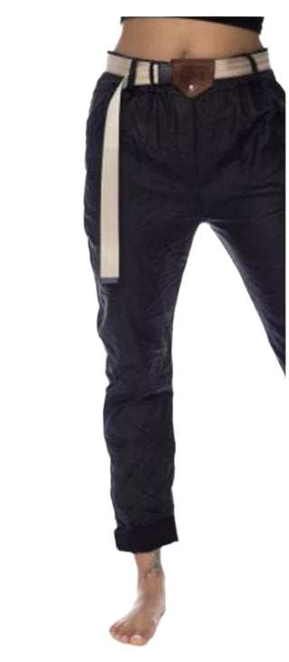Dark pants with a white stripe and brown belt on a white background
