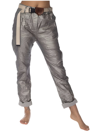 Silver metallic pants with a belt on a white background, featuring the brand 'AMOROSA'.