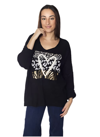 Woman wearing a black sweater with a leopard print design on a white background, featuring the brand 'AMOROSA'.