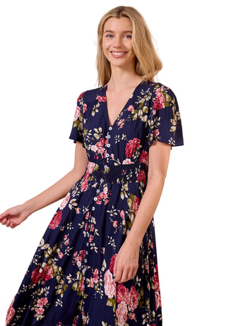 Angel Eye Ruched Waist Navy Maxi Dress