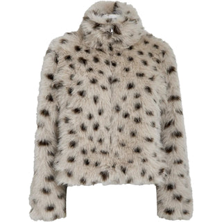 Faux fur jacket with black dot pattern on a white background