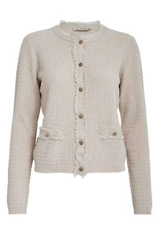 Beige textured cardigan with buttons on a white background