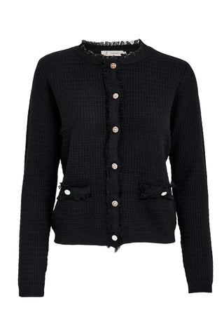 Black textured cardigan with button details on a light gray background