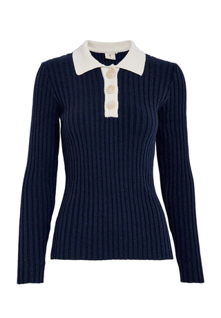 Navy ribbed sweater with a white collar on a light gray background