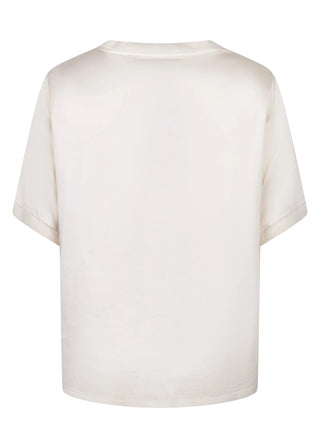 A plain short-sleeve crewneck t-shirt in a warm off-white or cream color, shown from the back on a clean white background.