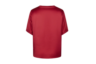 A red short-sleeve t-shirt shown from the back, photographed against a solid white background.