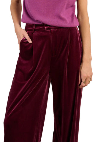 Person wearing a purple top and burgundy velvet pants against a neutral background
