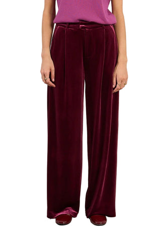 Person wearing burgundy velvet pants and a purple top on a plain background