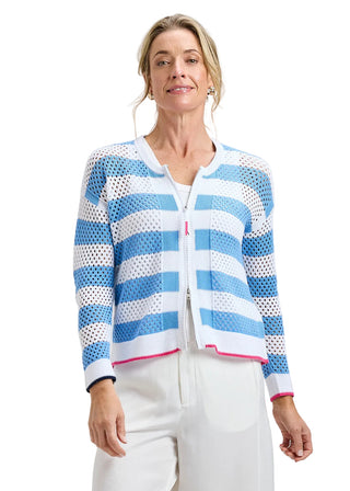 Woman wearing a blue and white striped jacket on a gray background