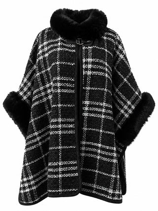 AOTA Faux Fur Trim Tweed Plaid Poncho