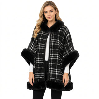 AOTA Faux Fur Trim Tweed Plaid Poncho