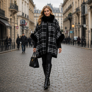 AOTA Faux Fur Trim Tweed Plaid Poncho