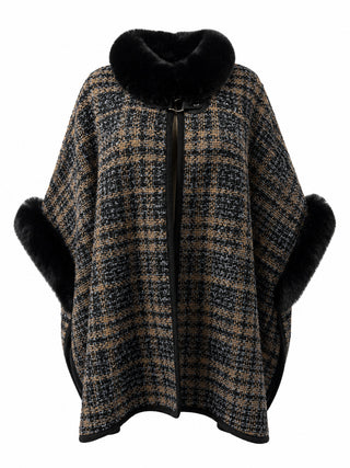 AOTA Faux Fur Trim Plaid Tweed Poncho