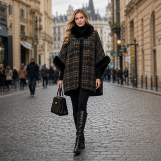AOTA Faux Fur Trim Plaid Tweed Poncho
