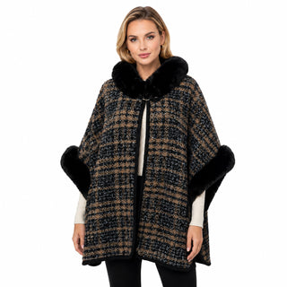 AOTA Faux Fur Trim Plaid Tweed Poncho
