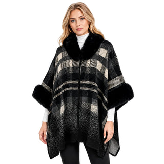 AOTA Faux Fur Trim Plaid Poncho