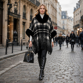 AOTA Faux Fur Trim Plaid Poncho