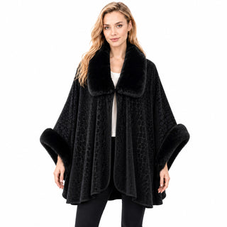 AOTA Luxurious Black Faux Fur Trim Poncho