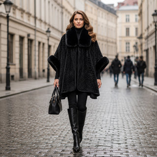 AOTA Luxurious Black Faux Fur Trim Poncho