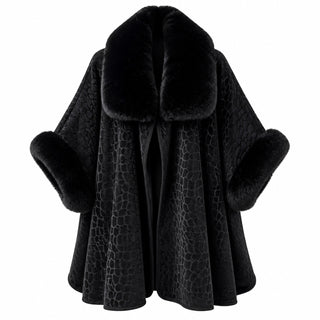 AOTA Luxurious Black Faux Fur Trim Poncho