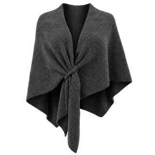 A dark gray knit poncho wrap with a V-neck and tied front knot, shown on a plain white background.