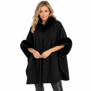 AOTA Faux Fur Trim Sparkle Poncho