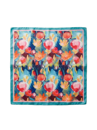 Colorful floral patterned square scarf on a white background