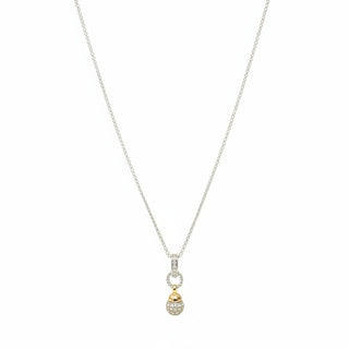 A silver chain necklace with a gold and silver pendant, displayed on a black jewelry bust. The pendant features a small gold ball encrusted with clear stones, hanging from a silver ring with a clear stone accent.