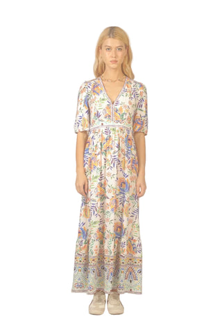 Woman wearing a floral dress on a plain background