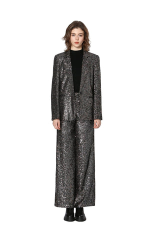 Person wearing a sparkling silver suit on a white background